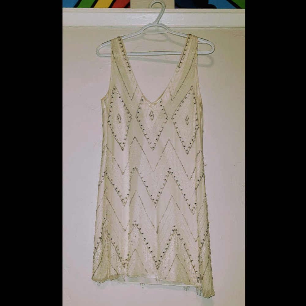 Alice + Olivia Beige Beaded Silk Flapper Dress
